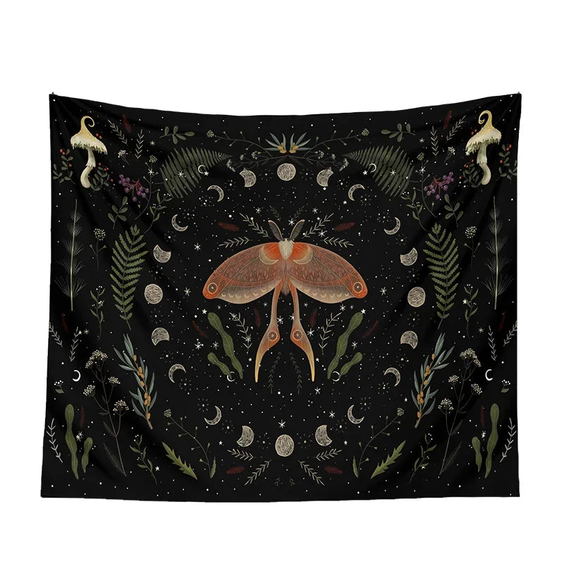 Black moon phase tapestry with lunar cycle print hanging on a wall — view 3 of 6