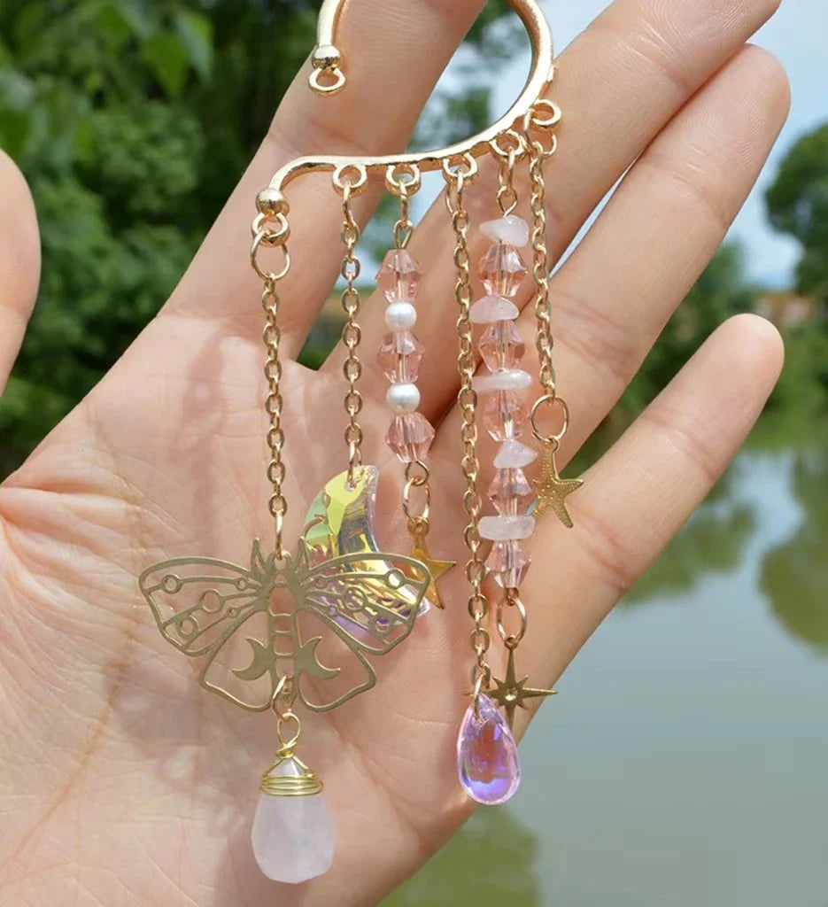 Gold Ear Cuff Crystal Earrings — Sun & Moon Tassel Ear Climber