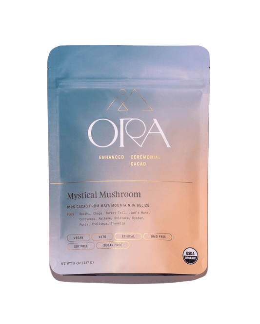 Front of the Ora Mystical Mushroom ceremonial cacao pouch with cacao discs