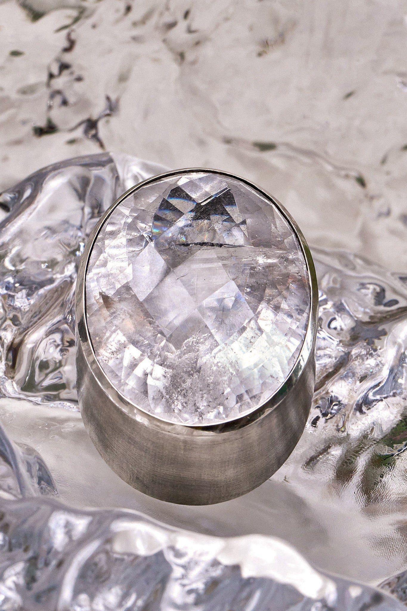 Oval Colossus Ring in Striated Crystal — oversized oval natural quartz face in a tall oxidized silver setting on a wide sterling silver band — view 5