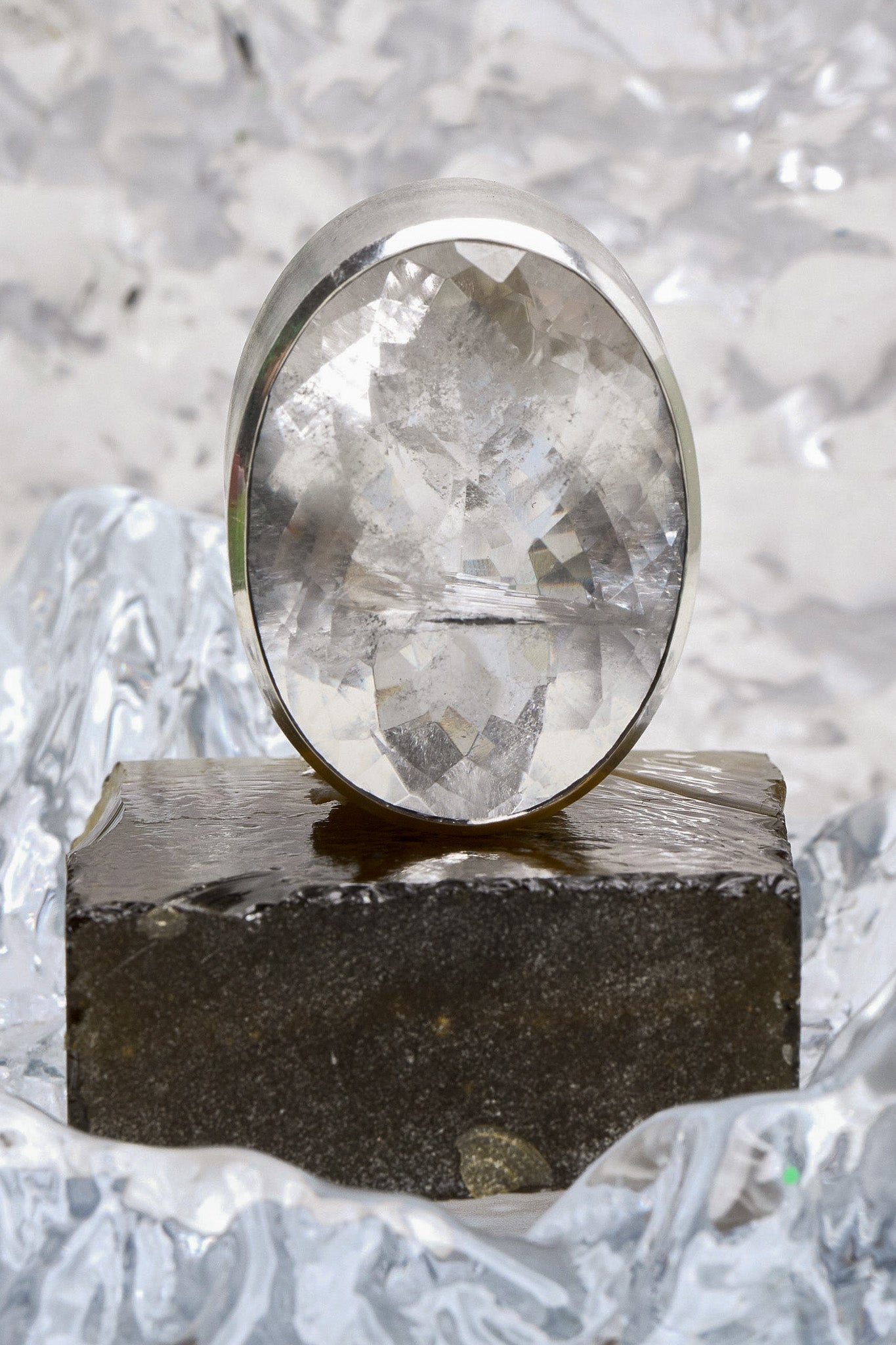 Oval Colossus Ring in Striated Crystal — oversized oval natural quartz face in a tall oxidized silver setting on a wide sterling silver band
