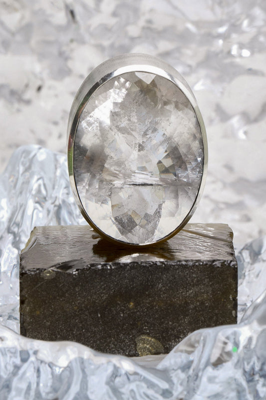Oval Colossus Ring in Striated Crystal — oversized oval natural quartz face in a tall oxidized silver setting on a wide sterling silver band