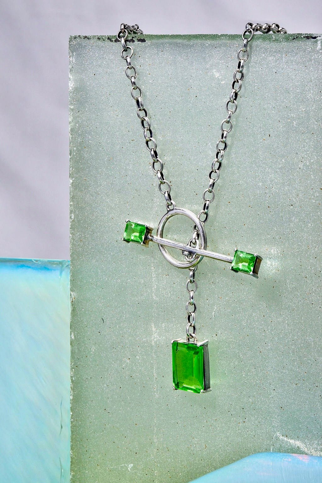 Gem Drop Toggle Necklace in Green Envy — long oxidized silver chain with front toggle closure and a faceted green glass drop — view 2