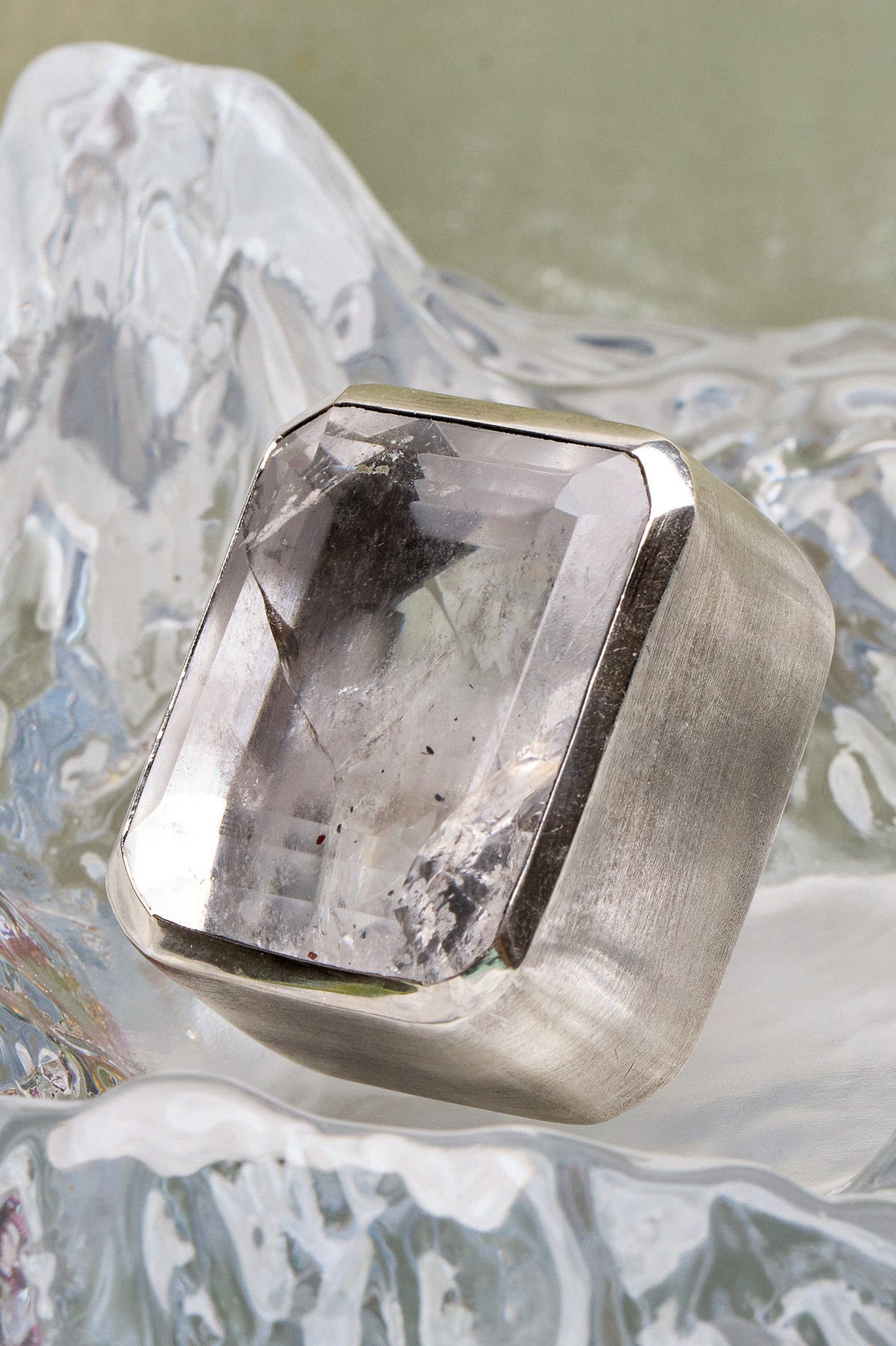 Square Goliath Ring in Striated Crystal — squared natural quartz face in a tall oxidized silver setting on a sterling silver band — view 4
