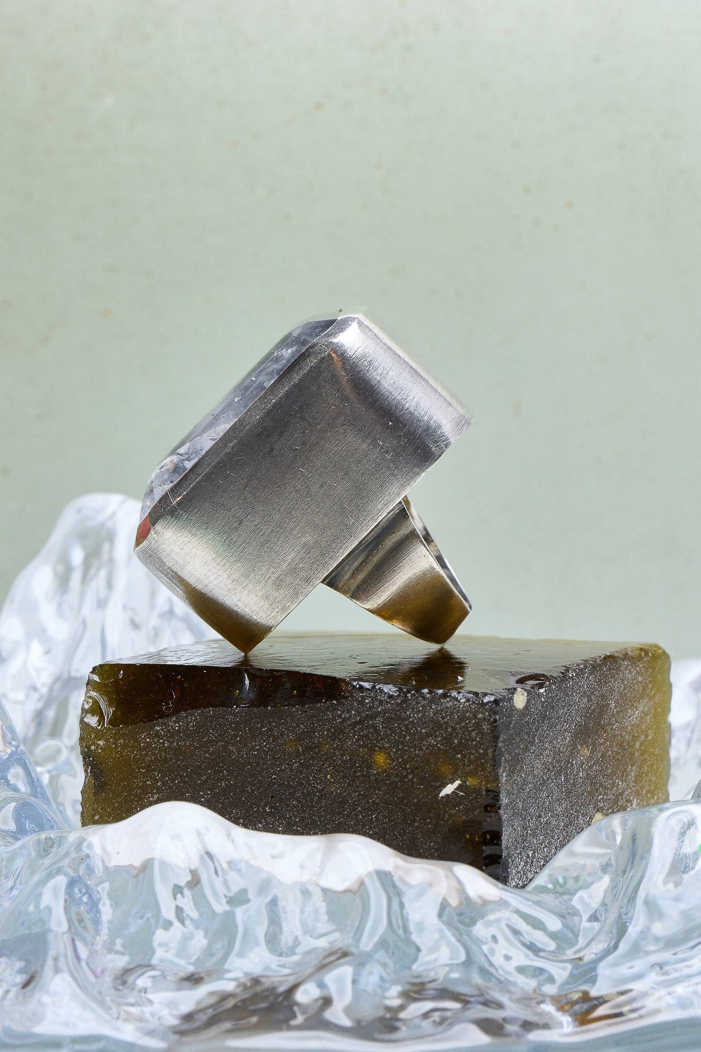 Square Goliath Ring in Striated Crystal — squared natural quartz face in a tall oxidized silver setting on a sterling silver band — view 5