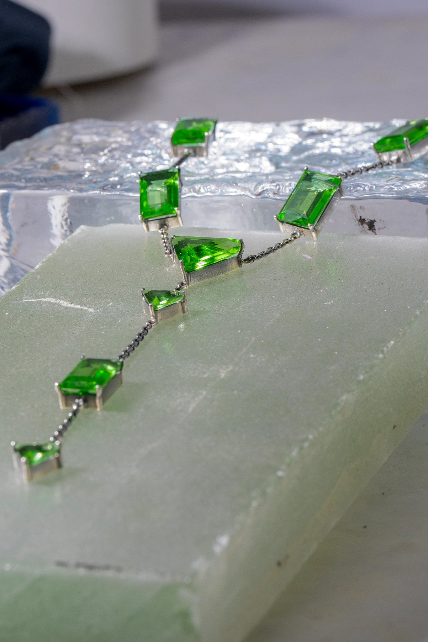 Slink Y-Chain in Green Envy — thin oxidized silver cable chain strung with luminous green glass in a Y-drop silhouette — view 2