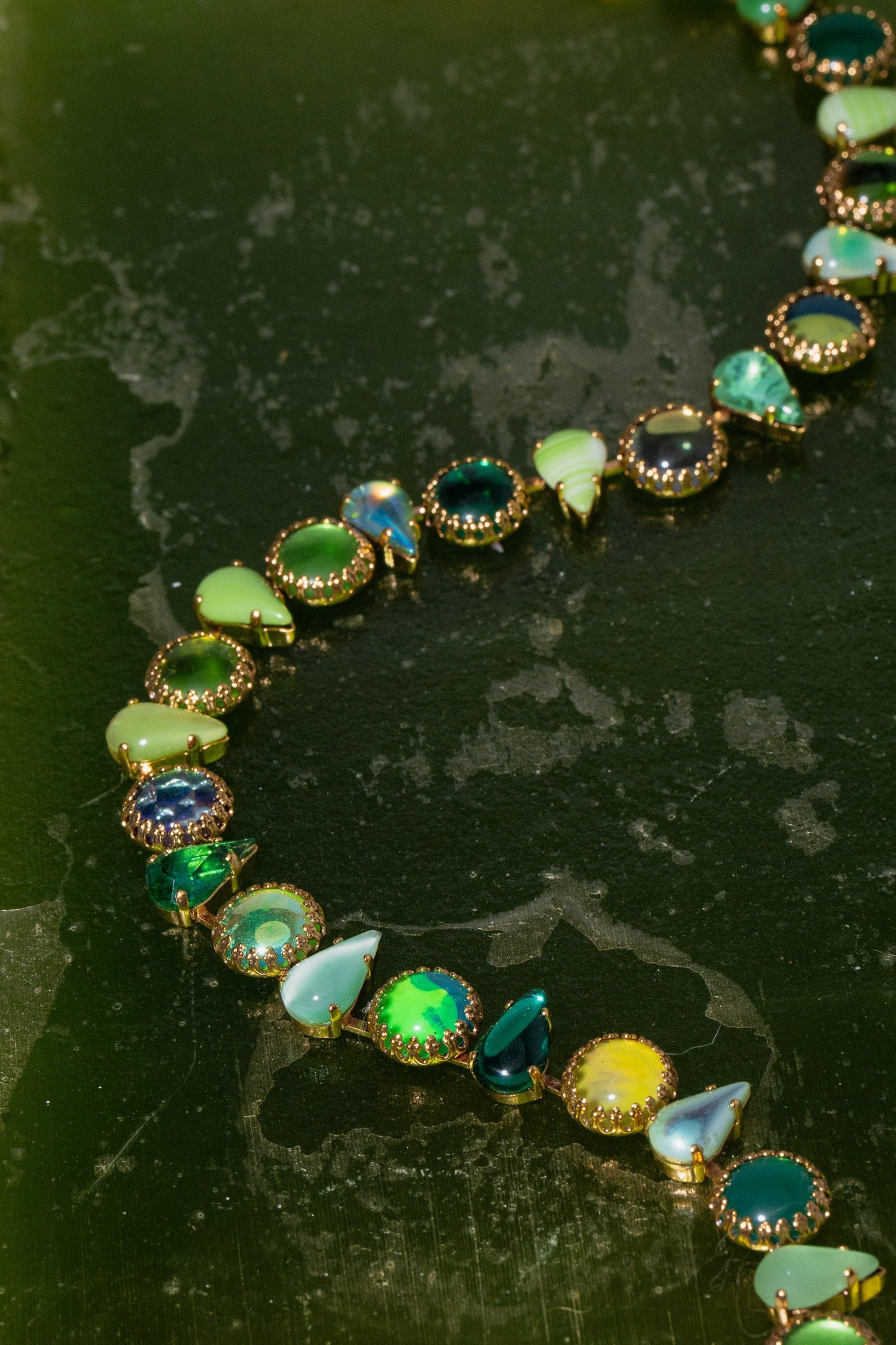 Salad green vintage glass layering choker with 18k gold finish, front view