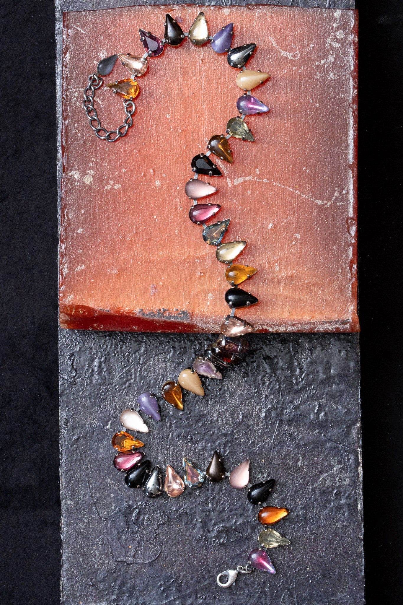 Fang Layering Choker in Punk Rocks — oxidized silver choker strung with multicolored 1960s dead-stock glass stones