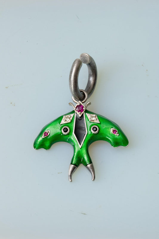 Luna moth enamel ear cuff in oxidized silver, side view