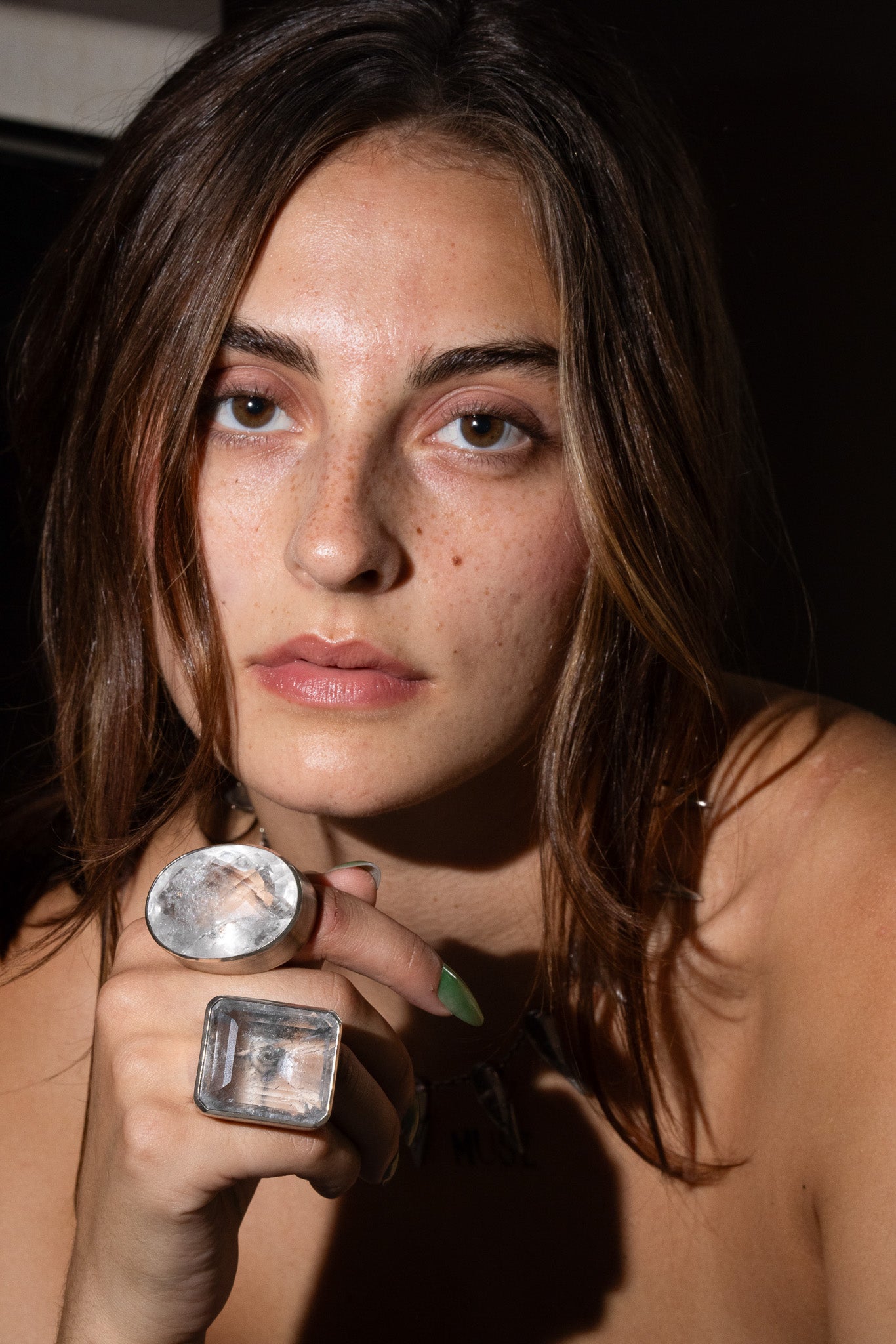 Oval Colossus Ring in Striated Crystal — oversized oval natural quartz face in a tall oxidized silver setting on a wide sterling silver band — view 3