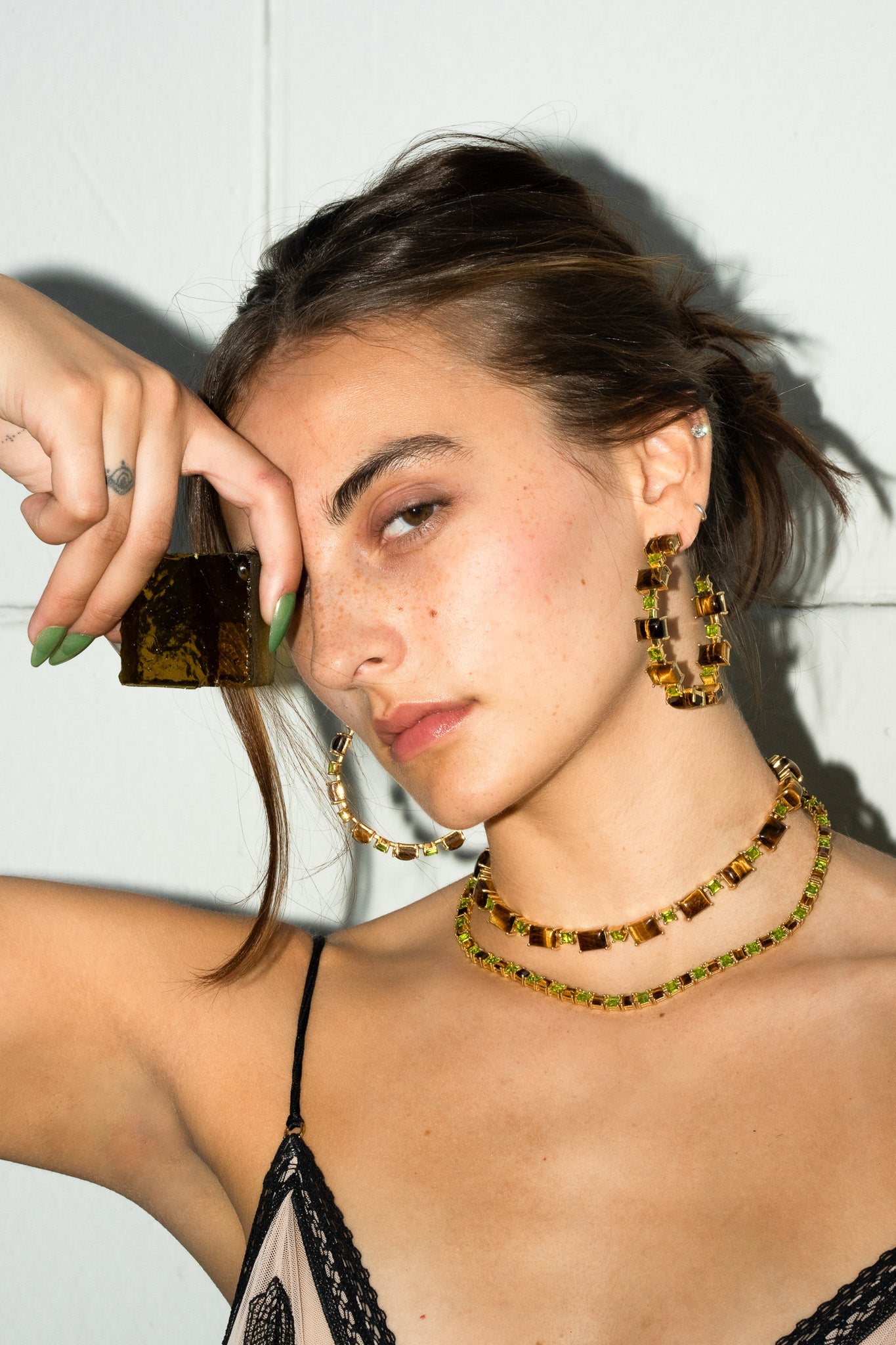 Tiger Eye and Poison Dart Tennis Necklace in gold — step-cut genuine tiger eye and bright green glass in a continuous line setting — view 4