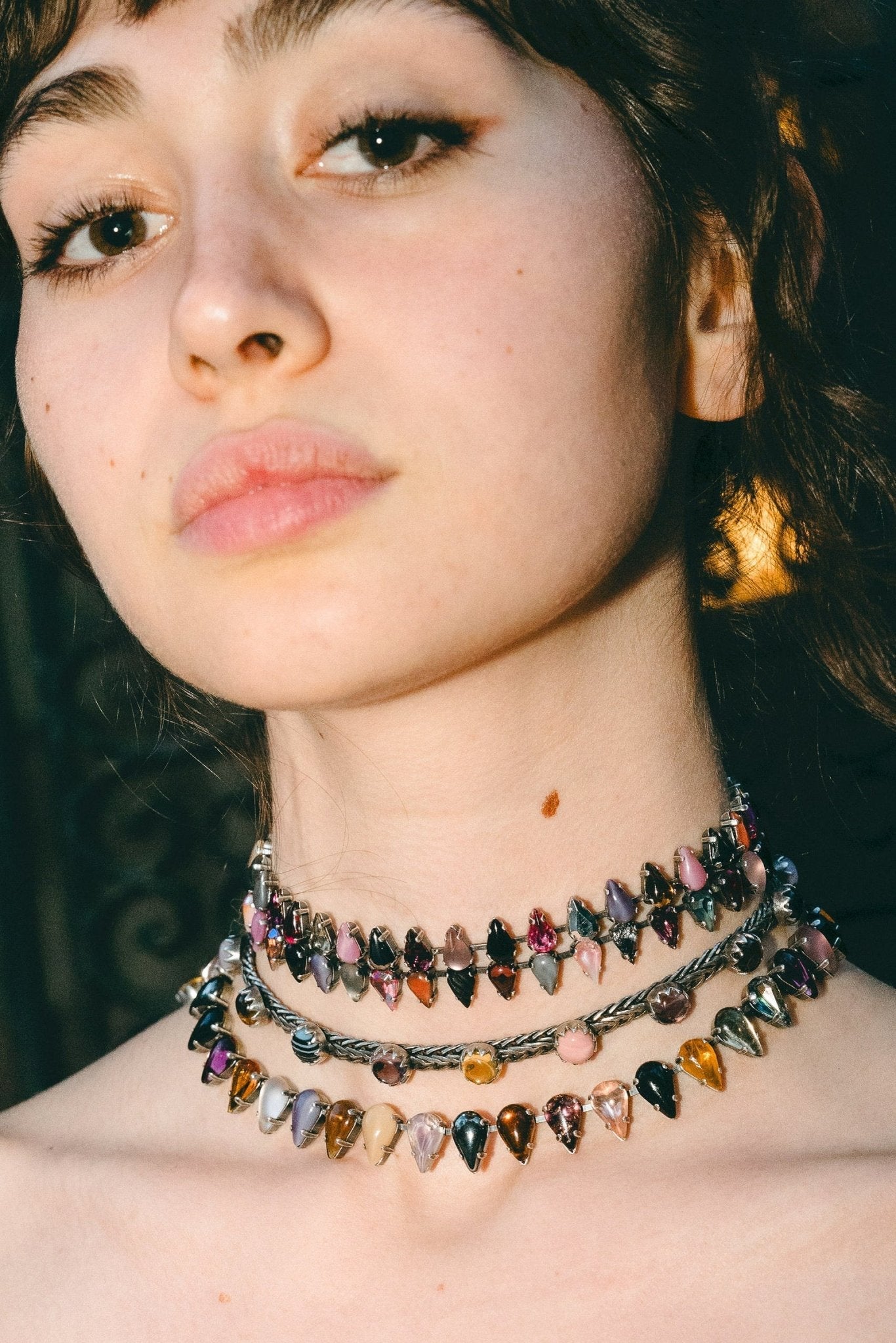Fang Layering Choker in Punk Rocks — oxidized silver choker strung with multicolored 1960s dead-stock glass stones — view 2