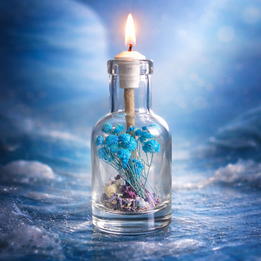 Lit Neptune oil candle: a clear glass bottle of blue and teal dried flowers with a burning wick, against a luminous blue ocean-and-ice backdrop