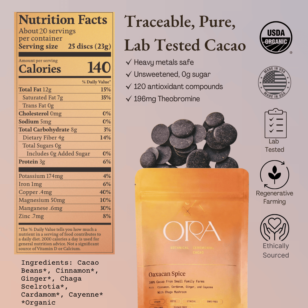 Ingredient list and nutrition panel for Ora Oaxacan Spice ceremonial cacao
