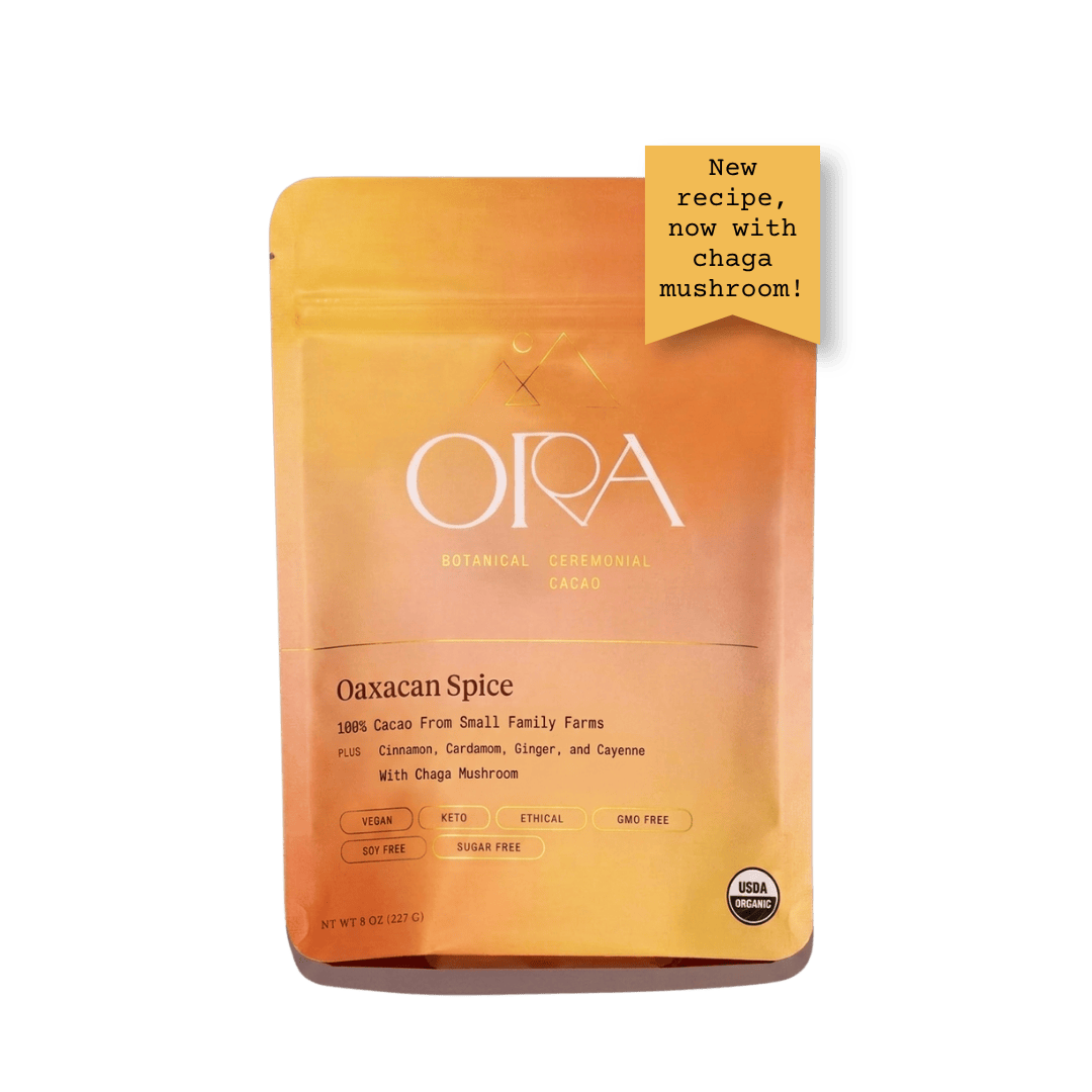 Front of the Ora Oaxacan Spice ceremonial cacao pouch with cacao discs