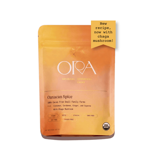 Front of the Ora Oaxacan Spice ceremonial cacao pouch with cacao discs