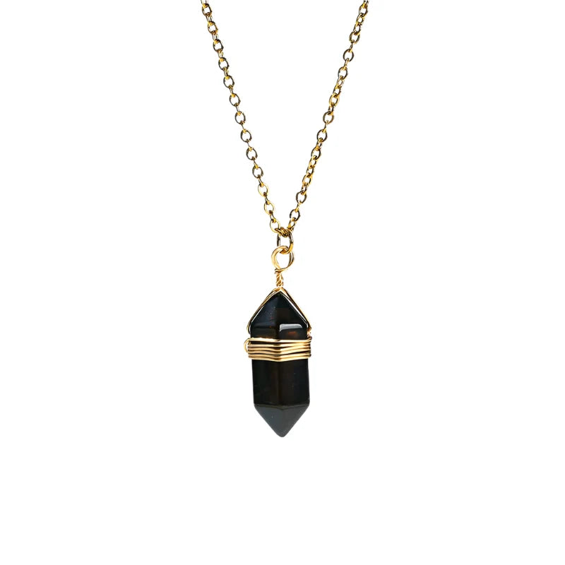 Wire-wrapped hexagonal crystal pendant in gold-plated copper on an adjustable chain — view 6 of 12