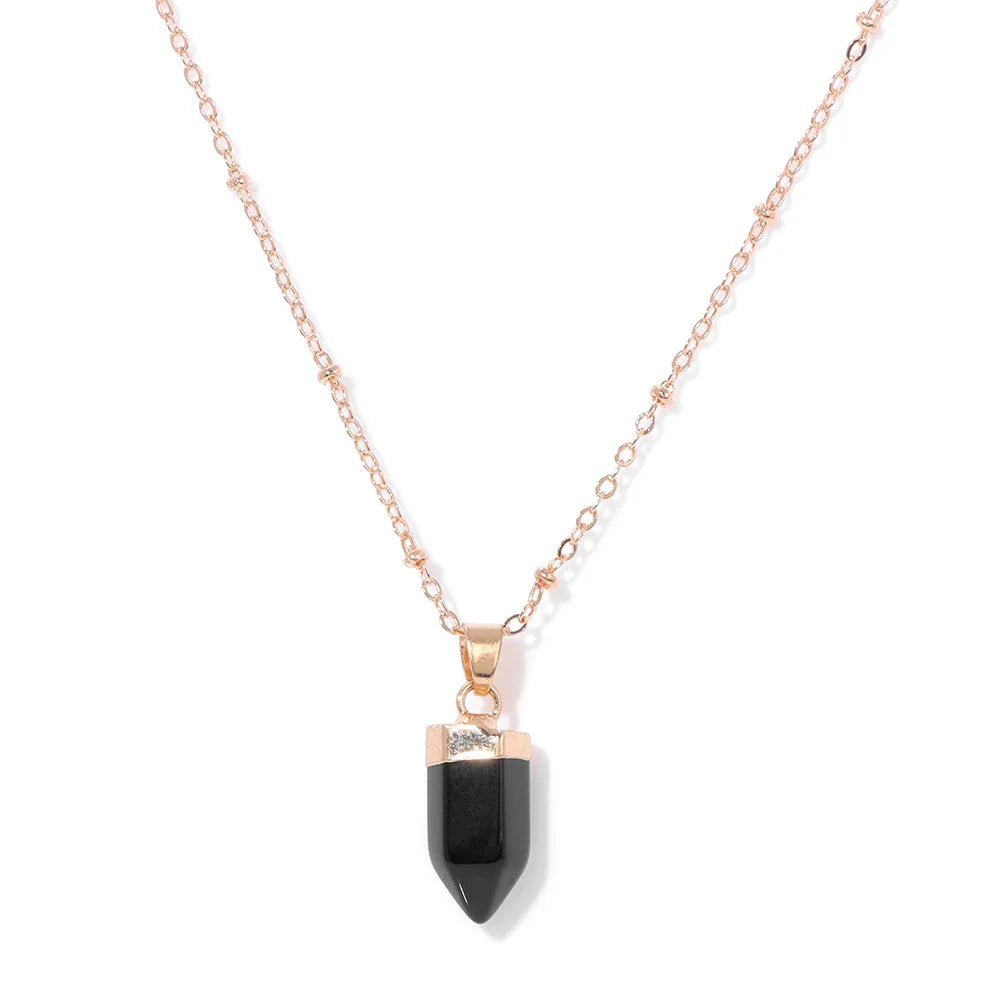 Crystal point pendant necklace with a hexagon gemstone column on a gold-tone link chain — view 12 of 20