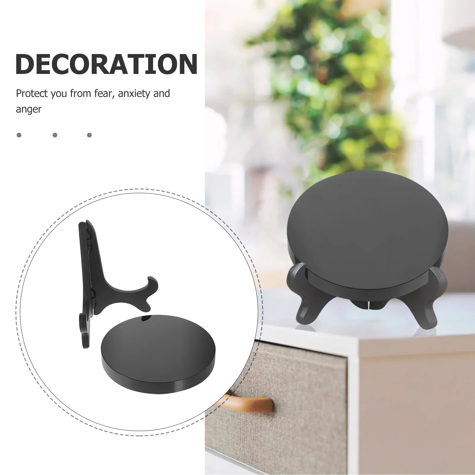 Round polished black obsidian scrying mirror resting on its base stand — view 6 of 11