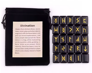 Obsidian rune set in a five-by-five grid beside the pouch, gold marks on glossy black tiles