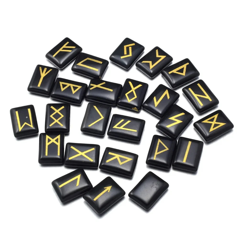 Set of rectangular crystal rune tiles engraved with runic symbols on a dark surface — view 10 of 12