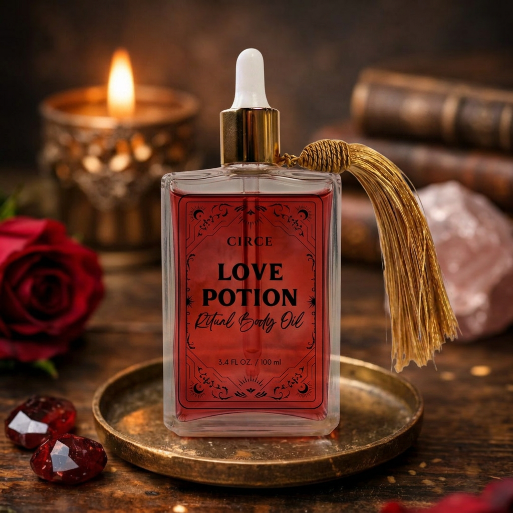 Love Potion ritual body oil in a classic apothecary-style glass bottle, shown from another angle