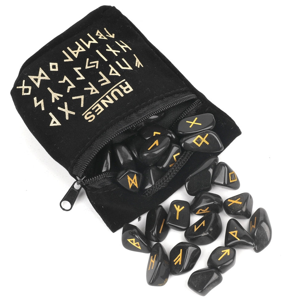 Crystal Rune Set — 25 Carved Stone Runes with Velvet Bag
