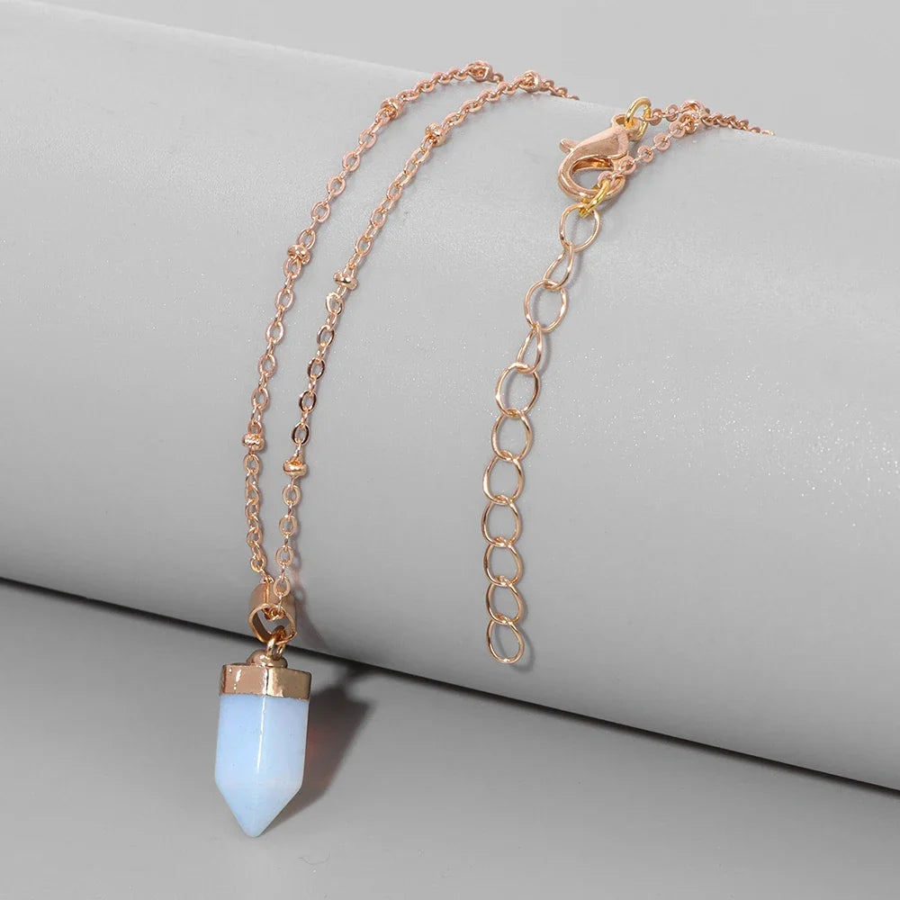 Crystal point pendant necklace with a hexagon gemstone column on a gold-tone link chain — view 2 of 20
