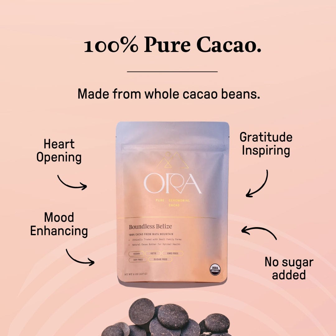 Ora Boundless Belize pouch on a pale background with the heading 100% pure cacao, made from whole cacao beans