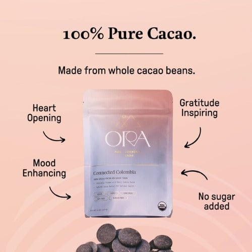 Ora Connected Colombia pouch on a pale background with the heading 100% pure cacao, made from whole cacao beans