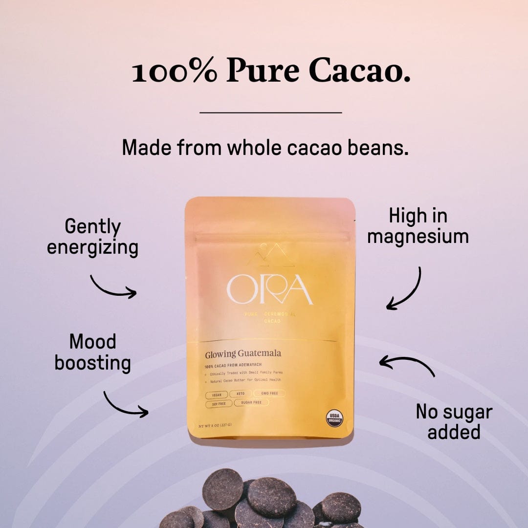 Ora Glowing Guatemala pouch on a pale background with the heading 100% pure cacao, made from whole cacao beans