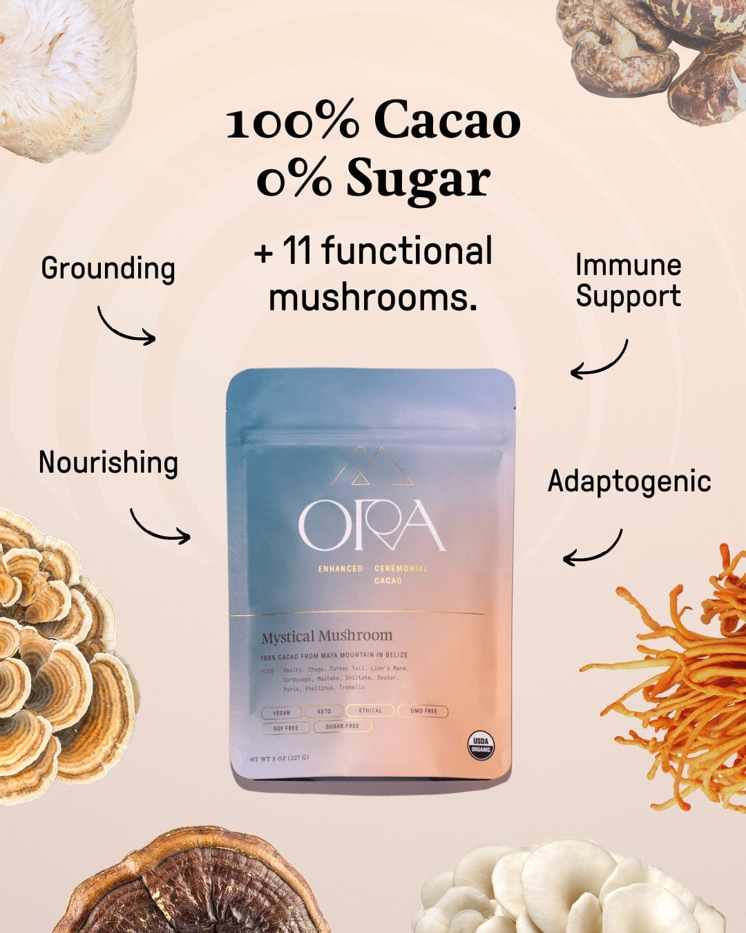 Ora Mystical Mushroom pouch on a pale background with the heading 100% pure cacao, made from whole cacao beans