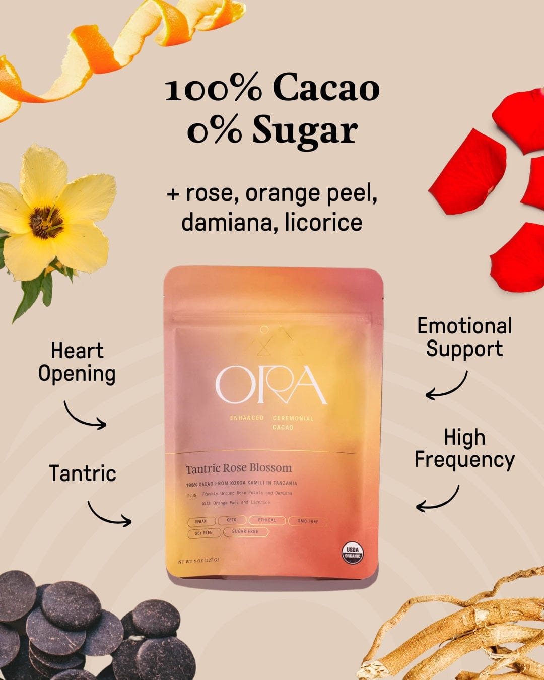 Ora Cacao Tantric Rose Blossom ceremonial cacao blend arranged in a softly lit lifestyle scene.