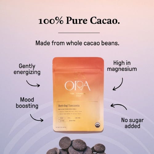 Ora Thriving Tanzania pouch on a pale background with the heading 100% pure cacao, made from whole cacao beans