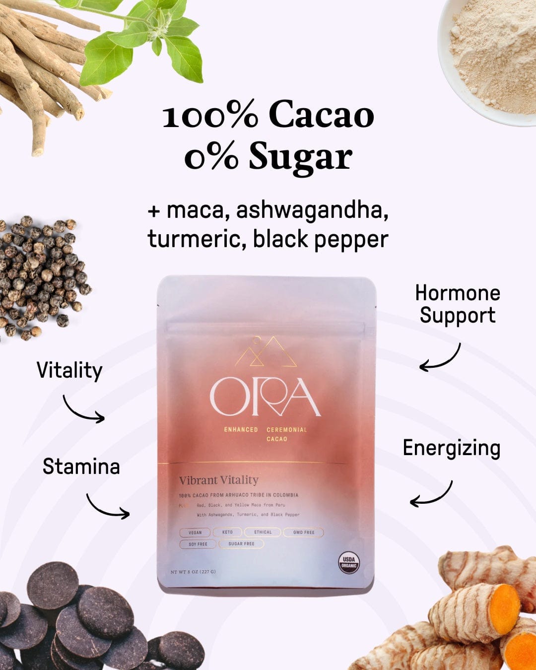 Ora Cacao Vibrant Vitality ceremonial cacao blend arranged in a softly lit lifestyle scene.