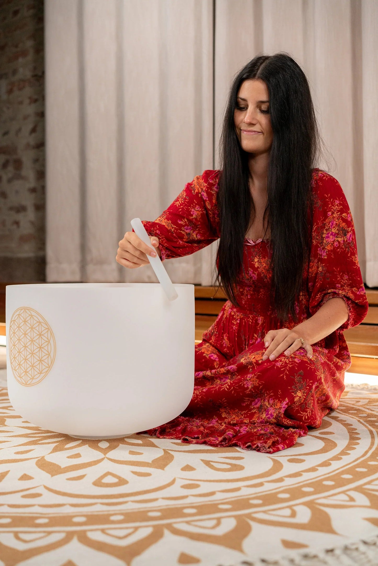 16-inch white-frosted crystal singing bowl with a Flower of Life design, tuned to 128 Hz — view 5 of 5