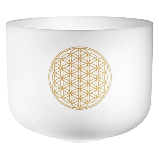 16-inch white-frosted crystal singing bowl with a Flower of Life design, tuned to 128 Hz — view 1 of 5