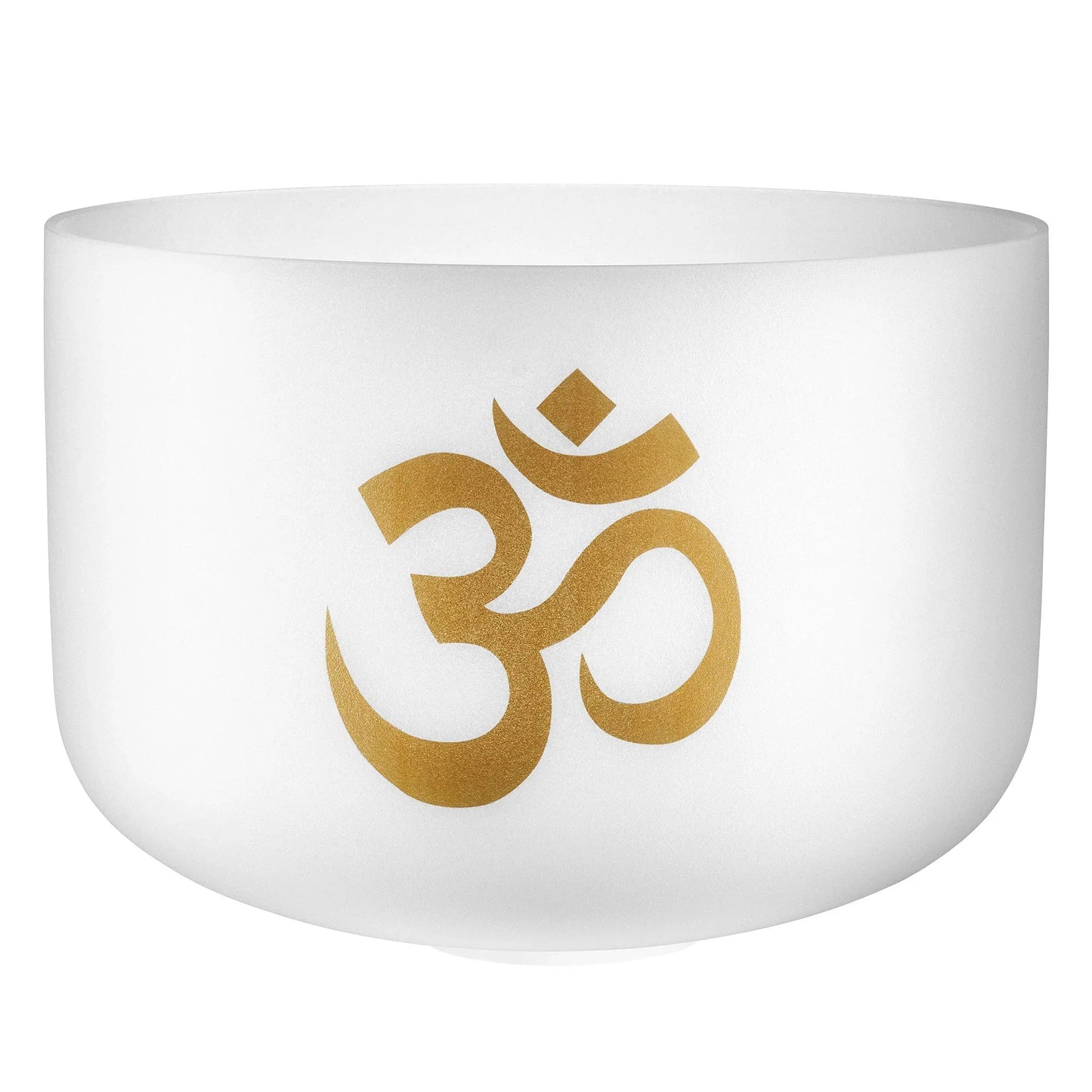 16-inch frosted quartz Om crystal singing bowl shown on a plain neutral background.
