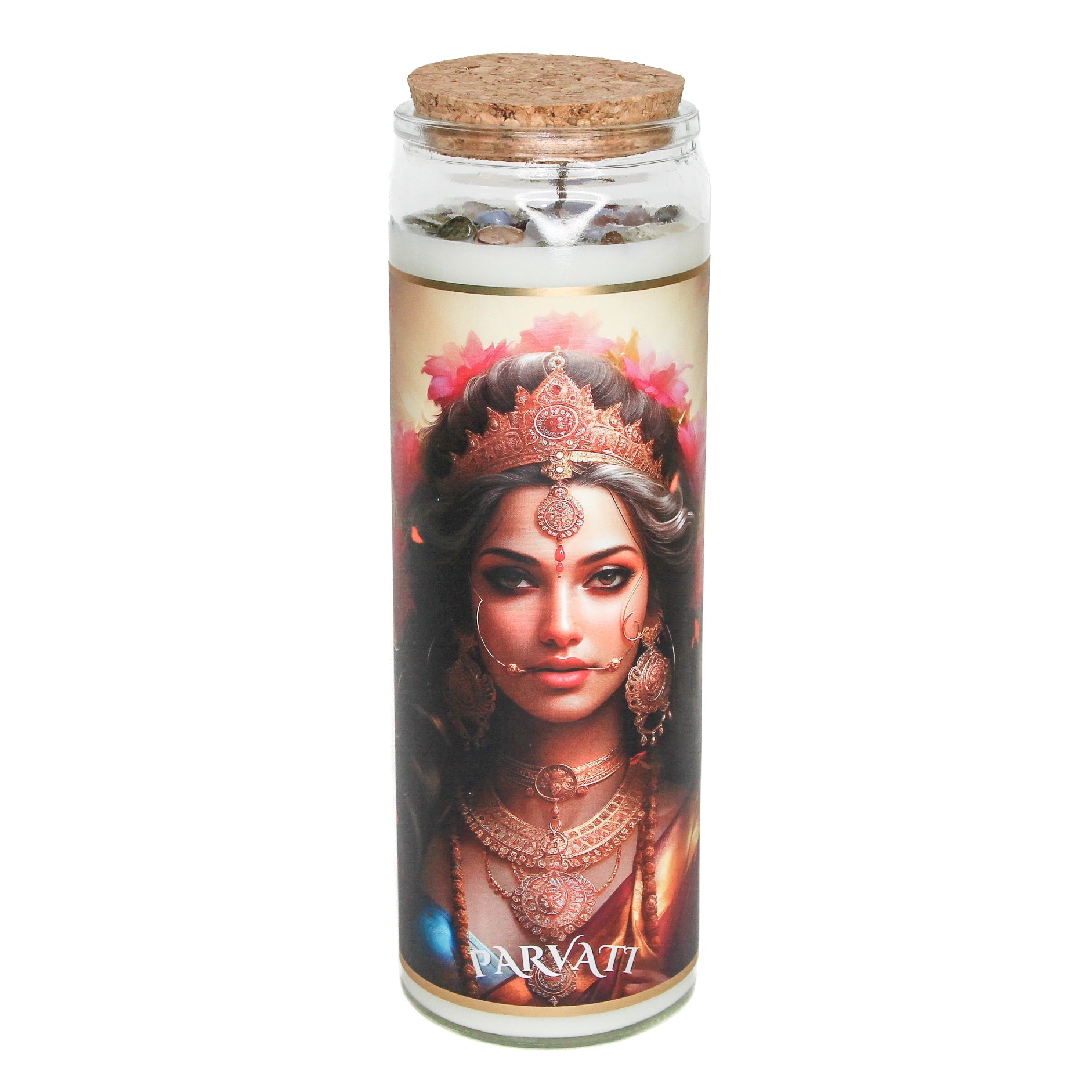 Parvati crystal altar candle in a clear glass vessel, topped with crystals