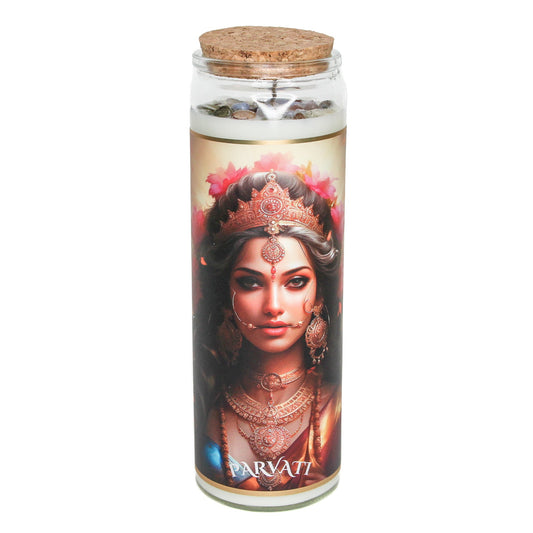 Parvati crystal altar candle in a clear glass vessel, topped with crystals