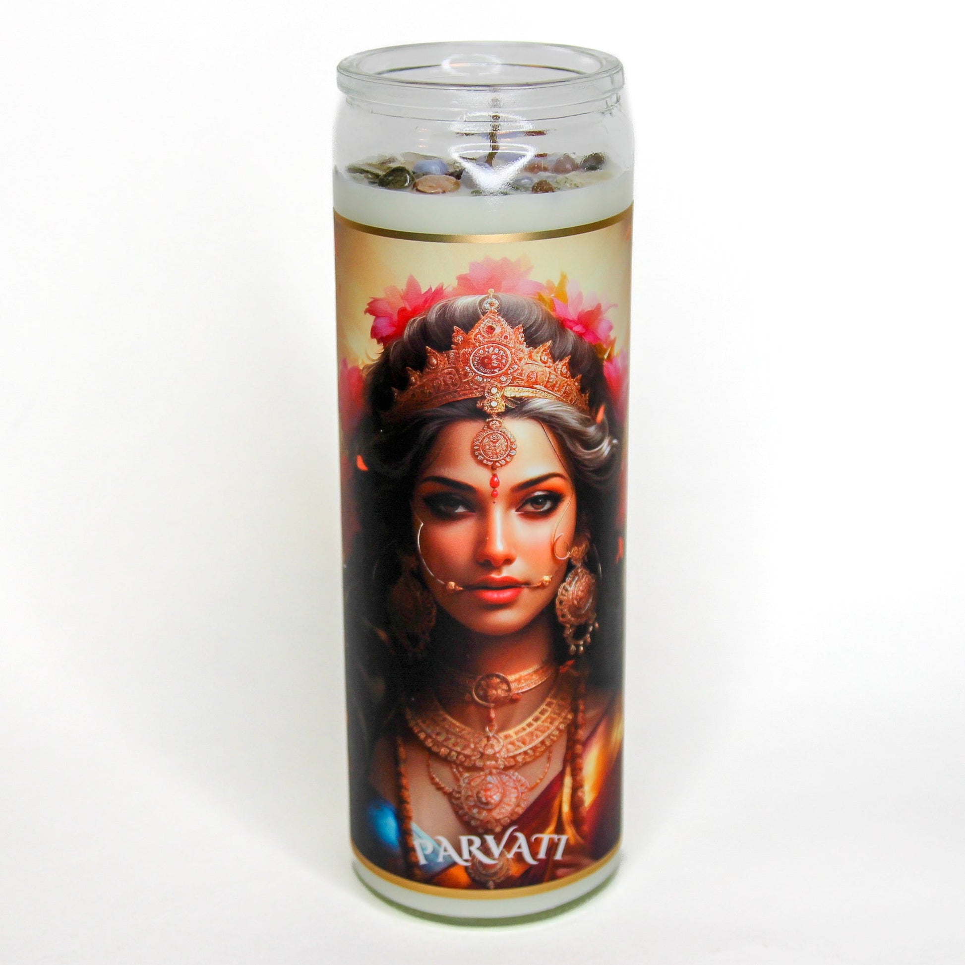 Close-up of the crystals set on top of the Parvati altar candle