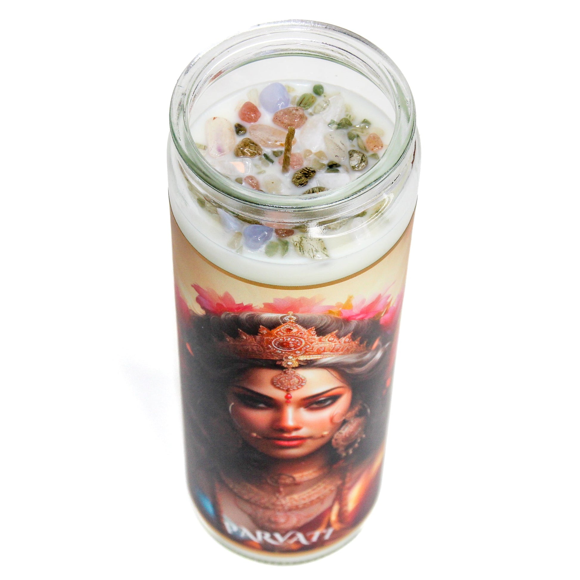 Back of the Parvati altar candle showing the printed image and inscription