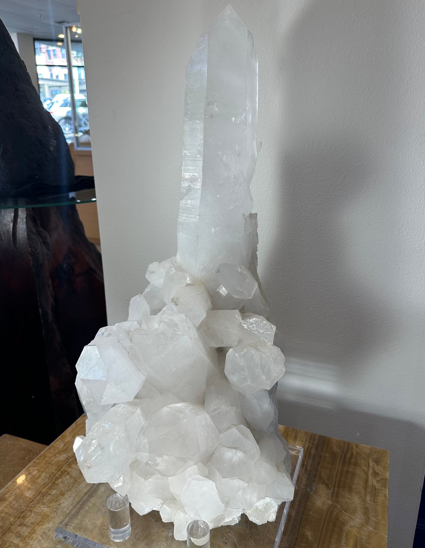 Quartz cluster photographed from the front showing multiple terminations