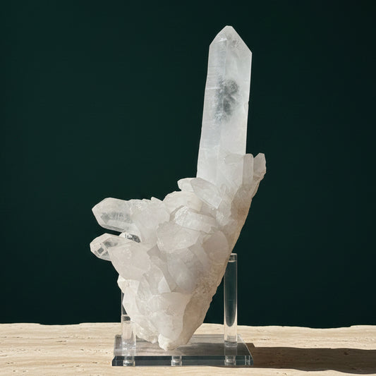 Quartz cluster seen from an angle against a dark background