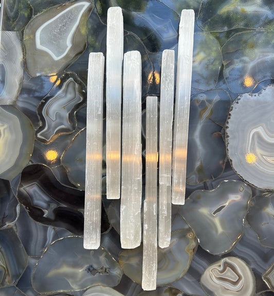 Long rough selenite bar from Morocco, 11.5 inches, unpolished fibrous white crystal with a satin sheen