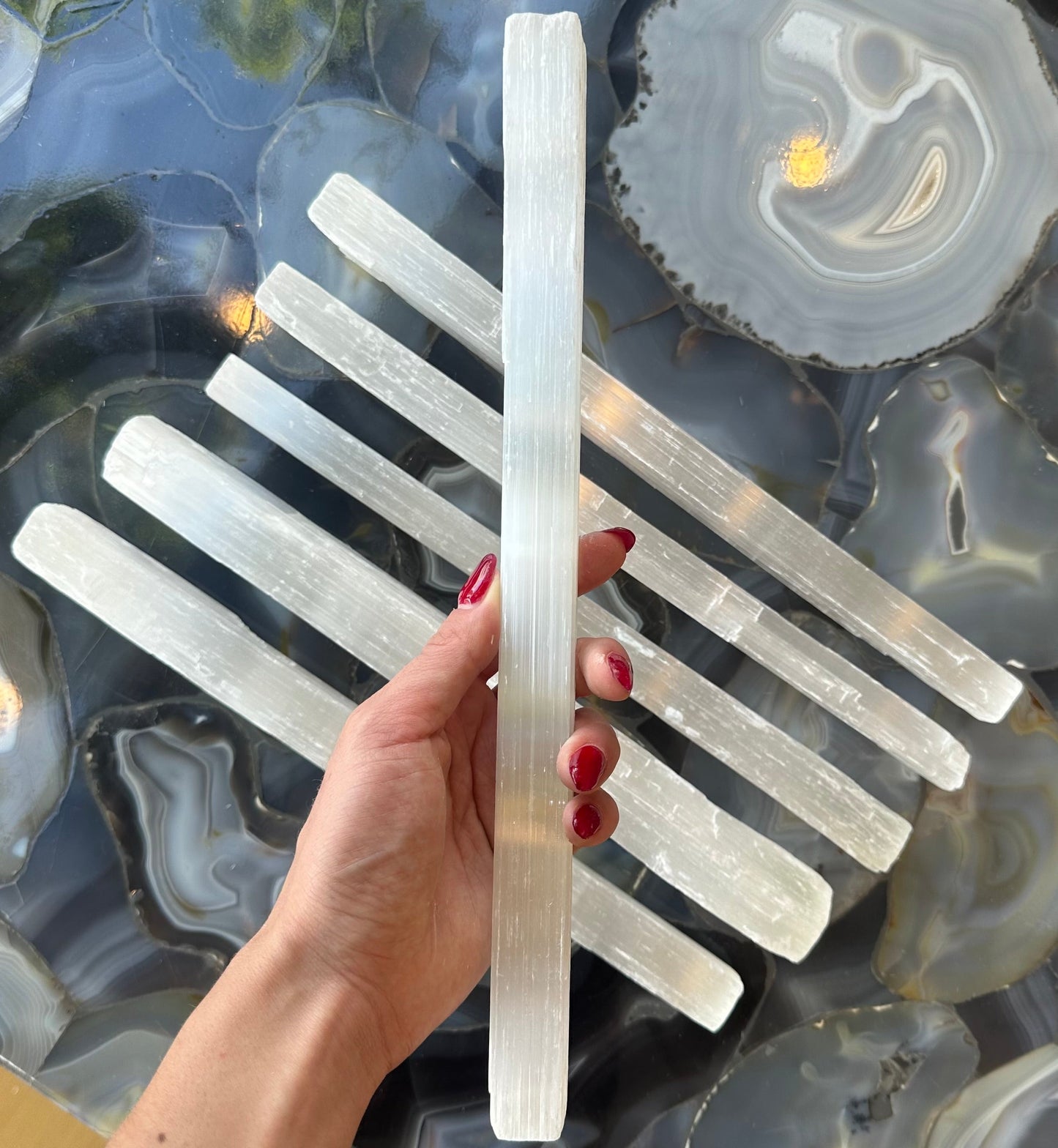 Long rough selenite bar from Morocco, 11.5 inches, unpolished fibrous white crystal with a satin sheen — view 2