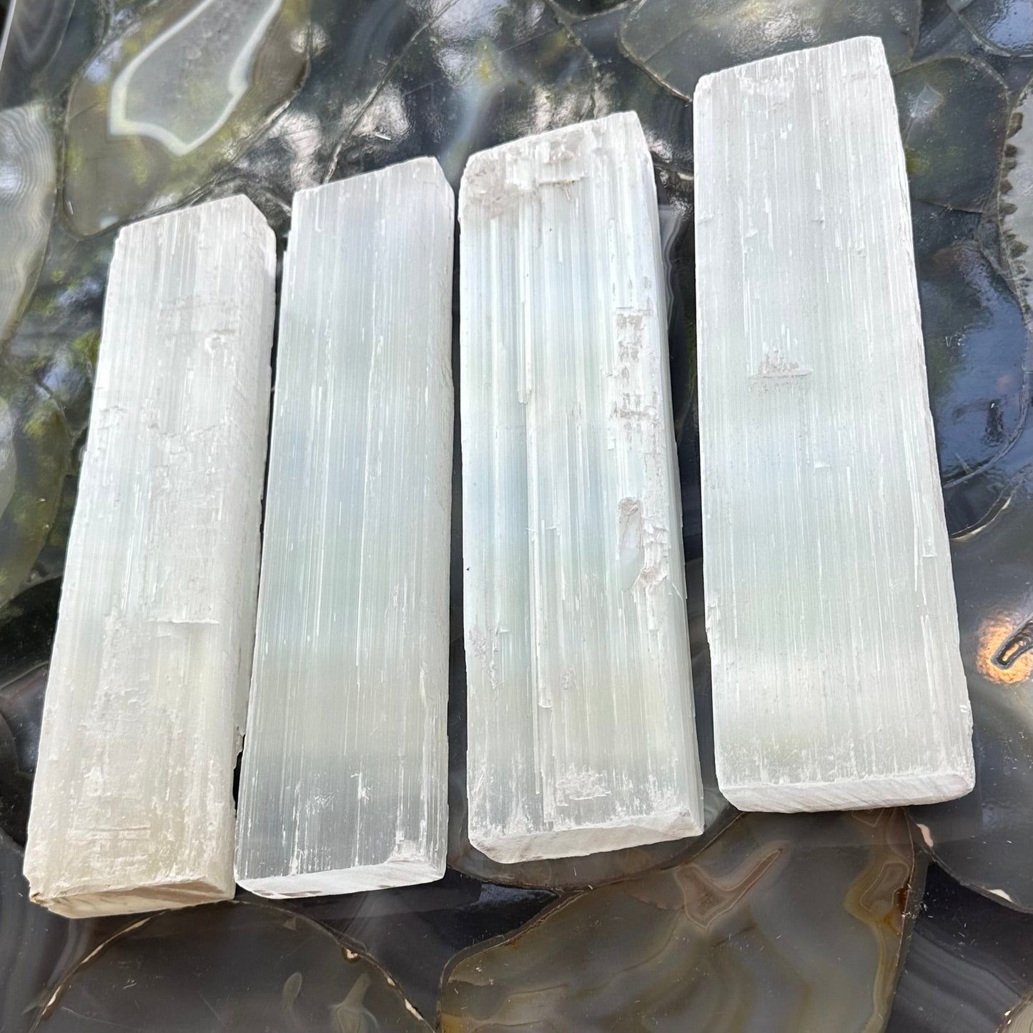 End of the rough selenite bar showing the fibrous crystal structure