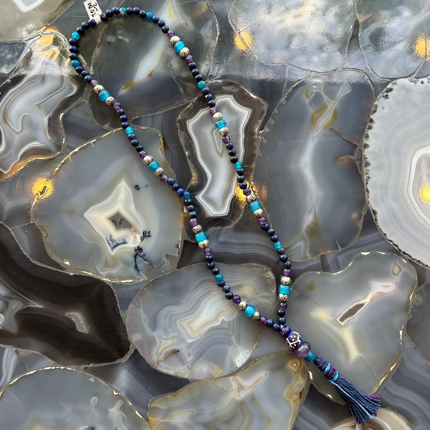 Lapis lazuli bead mala necklace with amethyst, blue quartz, and Java sea glass beads, 16 inches long