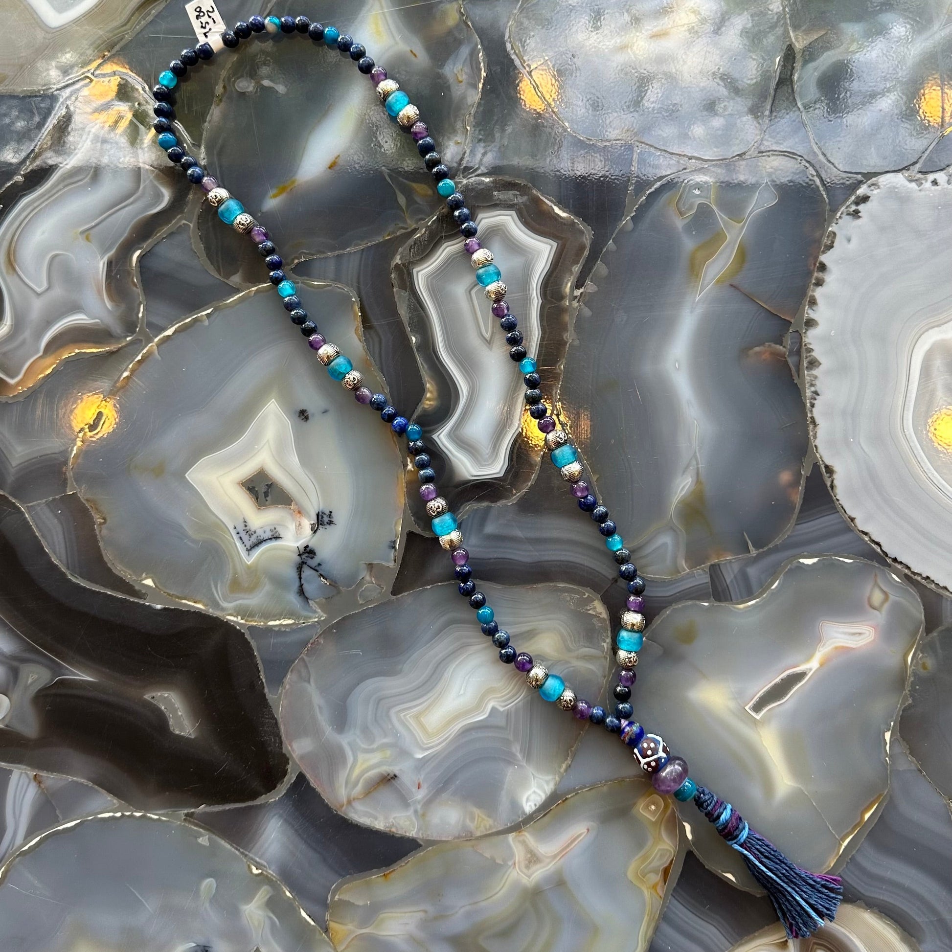 Lapis lazuli bead mala necklace with amethyst, blue quartz, and Java sea glass beads, 16 inches long