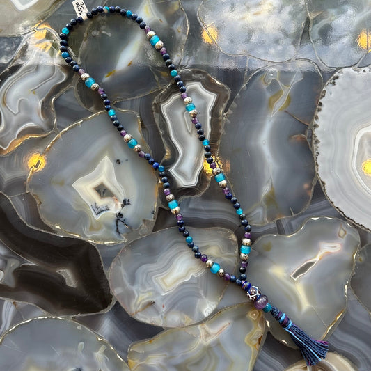 Lapis lazuli bead mala necklace with amethyst, blue quartz, and Java sea glass beads, 16 inches long